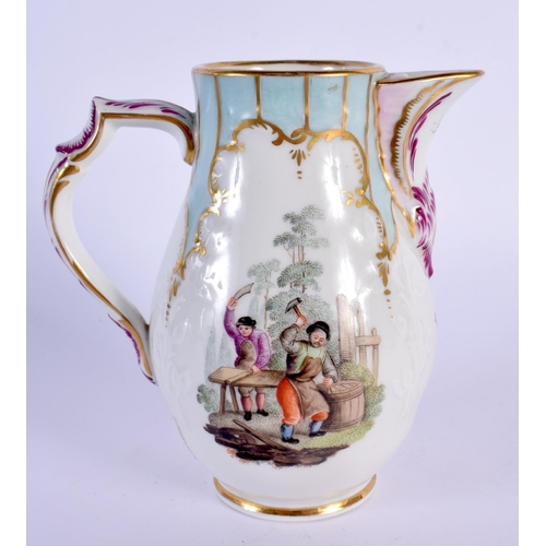 64 - A 19TH CENTURY GERMAN PORCELAIN CREAM JUG Meissen style, painted with figures. 11.5 cm high.