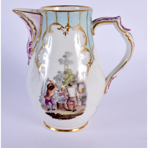 64 - A 19TH CENTURY GERMAN PORCELAIN CREAM JUG Meissen style, painted with figures. 11.5 cm high.