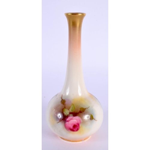 65 - A ROYAL WORCESTER PORCELAIN ROSE VASE with slender neck. 14 cm high.