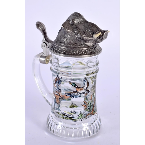 75 - A CHARMING GERMAN BOARS HEAD MINIATURE GLASS STEIN. 10 cm high.