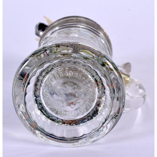 75 - A CHARMING GERMAN BOARS HEAD MINIATURE GLASS STEIN. 10 cm high.