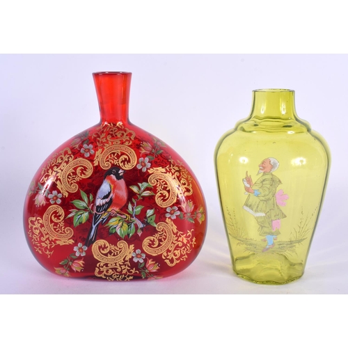 76 - AN UNUSUAL EARLY 20TH CENTURY ENAMELLED RUBY GLASS BIRD VASE together with a Continental enamelled y... 