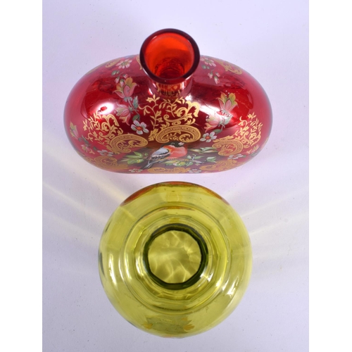 76 - AN UNUSUAL EARLY 20TH CENTURY ENAMELLED RUBY GLASS BIRD VASE together with a Continental enamelled y... 