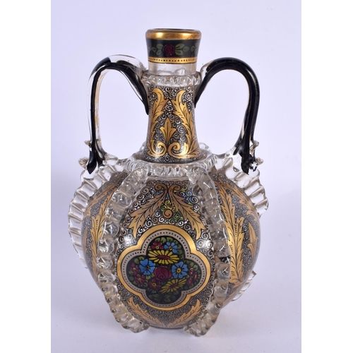 77 - AN ANTIQUE TWIN HANDLED ENAMELLED GLASS VASE possibly Austrian or German. 17 cm x 10 cm.