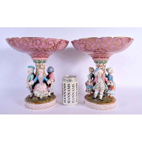 8 - A LARGE PAIR OF 19TH CENTURY GERMAN PORCELAIN FIGURAL COMPORTS painted with winged angels in flight.... 