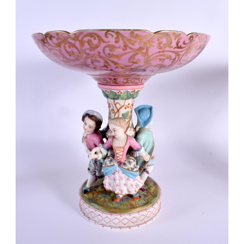 8 - A LARGE PAIR OF 19TH CENTURY GERMAN PORCELAIN FIGURAL COMPORTS painted with winged angels in flight.... 