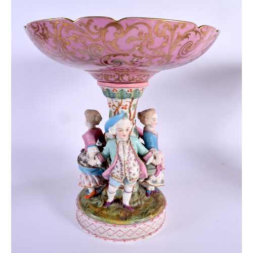 8 - A LARGE PAIR OF 19TH CENTURY GERMAN PORCELAIN FIGURAL COMPORTS painted with winged angels in flight.... 