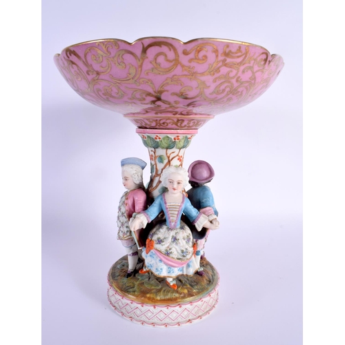 8 - A LARGE PAIR OF 19TH CENTURY GERMAN PORCELAIN FIGURAL COMPORTS painted with winged angels in flight.... 