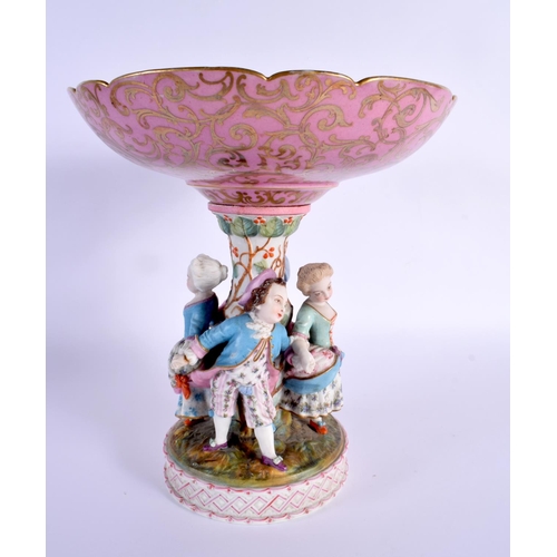 8 - A LARGE PAIR OF 19TH CENTURY GERMAN PORCELAIN FIGURAL COMPORTS painted with winged angels in flight.... 