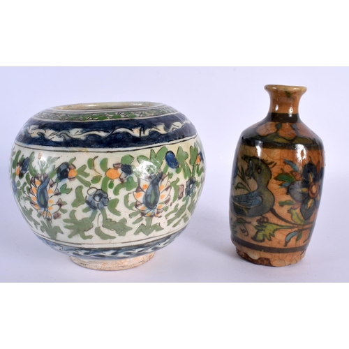 80 - A 19TH CENTURY PERSIAN QAJAR POTTERY BOWL together with a similar bottle vase. Largest 15 cm x 15 cm... 