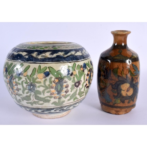 80 - A 19TH CENTURY PERSIAN QAJAR POTTERY BOWL together with a similar bottle vase. Largest 15 cm x 15 cm... 