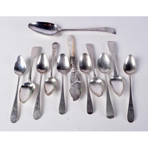 758 - TEN EARLY SILVER SPOONS TOGETHER WITH A FISH KNIFE.  Various hallmarks, total weight 217g (12)