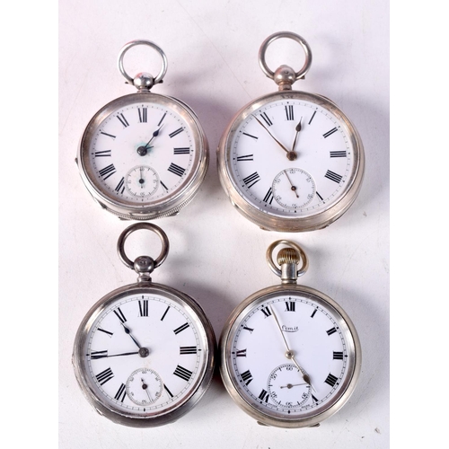 781 - THREE HALLMARKED SILVER CASED POCKET WATCHES TOGETHER WITH ANOTHER. (4), TOTAL WEIGHT 452G