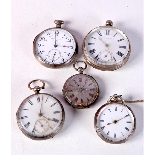 784 - THREE HALLMARKED SILVER POCKET WATCHES TOGETHER WITH TWO OTHERS.  Largest dial 5.2cm, total weight 3... 