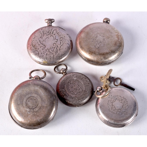 784 - THREE HALLMARKED SILVER POCKET WATCHES TOGETHER WITH TWO OTHERS.  Largest dial 5.2cm, total weight 3... 