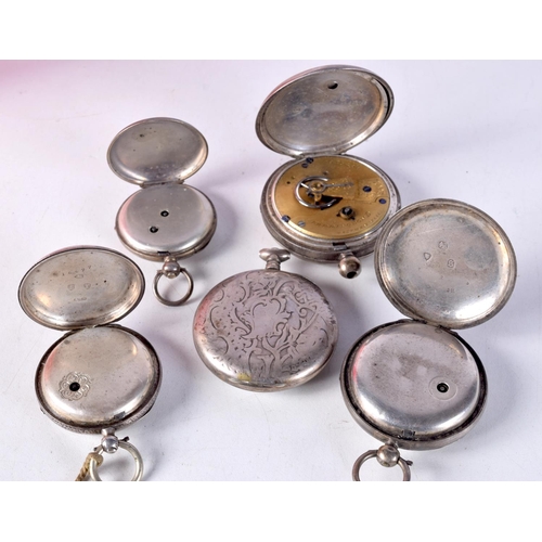 784 - THREE HALLMARKED SILVER POCKET WATCHES TOGETHER WITH TWO OTHERS.  Largest dial 5.2cm, total weight 3... 