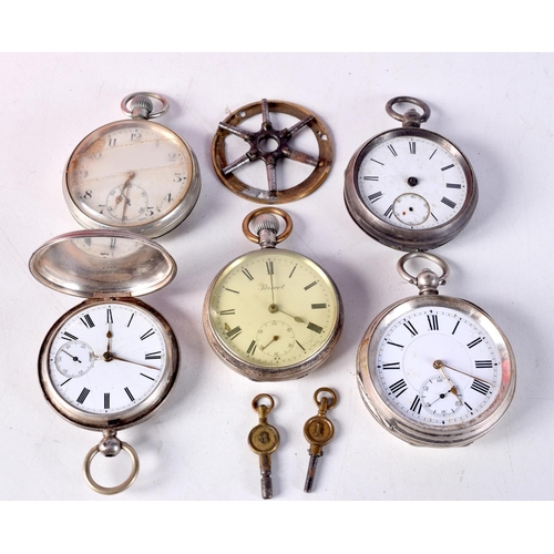 785 - FIVE SILVER POCKET WATCHES.  Various marks, largest dial 5.4cm, total weight 497g (qty)