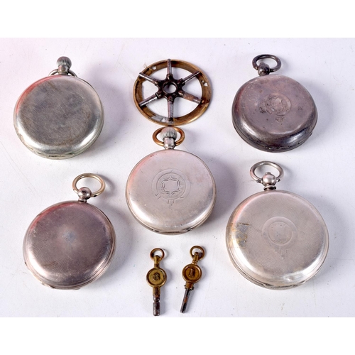 785 - FIVE SILVER POCKET WATCHES.  Various marks, largest dial 5.4cm, total weight 497g (qty)