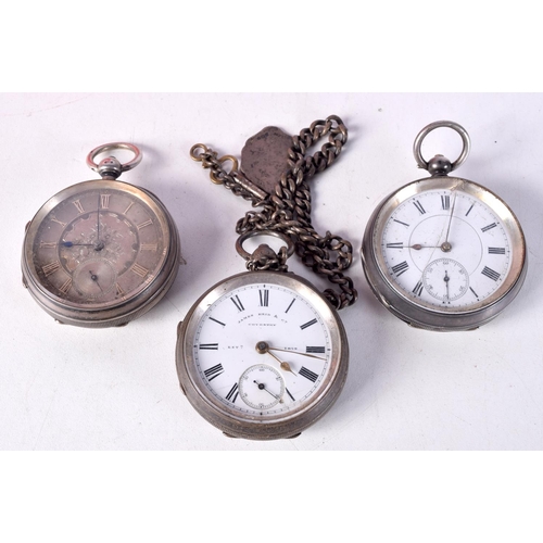 787 - THREE SILVER POCKET WATCHES.  Hallmarked Birmingham 1920. London 1885 and Birmingham 1899.  Largest ... 