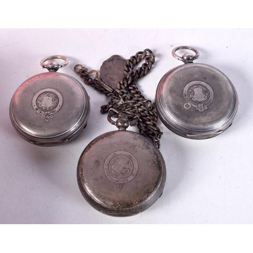 787 - THREE SILVER POCKET WATCHES.  Hallmarked Birmingham 1920. London 1885 and Birmingham 1899.  Largest ... 