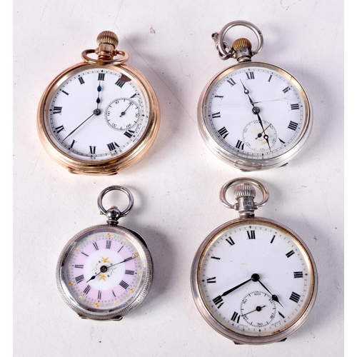 790 - THREE SILVER CASED POCKET WATCHES TOGETHER WITH A 10CT GOLD PLATED POCKET WATCH.  Hallmarked Birming... 