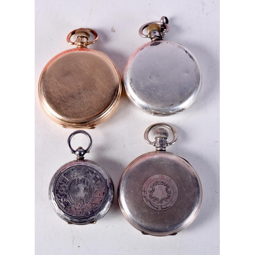 790 - THREE SILVER CASED POCKET WATCHES TOGETHER WITH A 10CT GOLD PLATED POCKET WATCH.  Hallmarked Birming... 