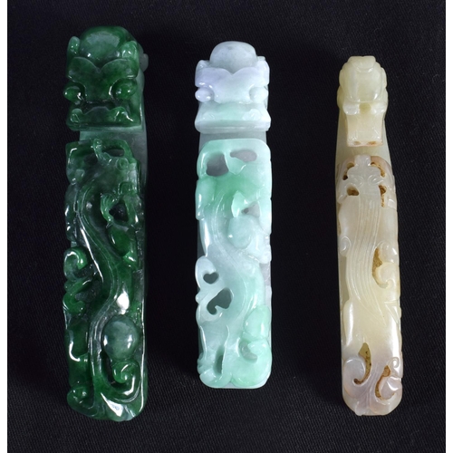 1501 - A GROUP OF SEVEN 19TH/20TH CENTURY CHINESE CARVED JADE BELT HOOKS in various forms and sizes. Larges... 