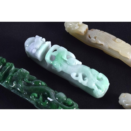 1501 - A GROUP OF SEVEN 19TH/20TH CENTURY CHINESE CARVED JADE BELT HOOKS in various forms and sizes. Larges... 