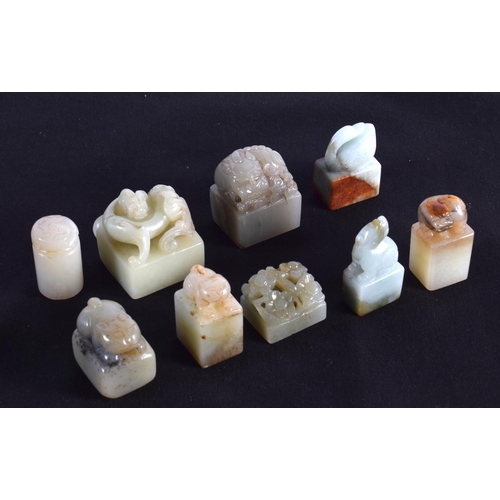 1502 - A GROUP OF EIGHT 19TH/20TH CENTURY CHINESE CARVED JADE SEALS in various forms and sizes. Largest 3.2... 