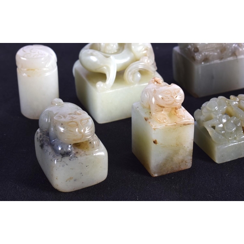 1502 - A GROUP OF EIGHT 19TH/20TH CENTURY CHINESE CARVED JADE SEALS in various forms and sizes. Largest 3.2... 