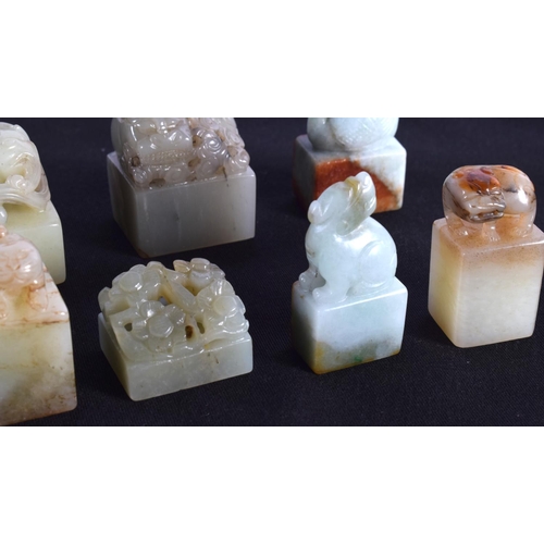 1502 - A GROUP OF EIGHT 19TH/20TH CENTURY CHINESE CARVED JADE SEALS in various forms and sizes. Largest 3.2... 