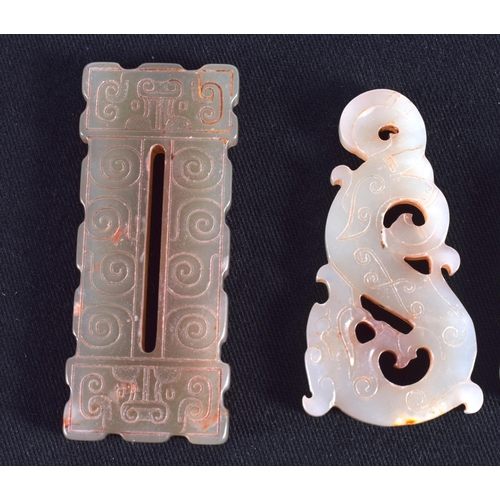 1506 - FOUR 19TH/20TH CENTURY CHINESE CARVED JADE PLAQUES in various forms and sizes. Largest 5 cm x 5 cm. ... 