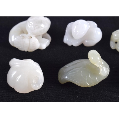 1507 - A RARE SET OF SEVEN MINIATURE 19TH/20TH CENTURY CHINESE CARVED JADE FIGURES in various forms and siz... 