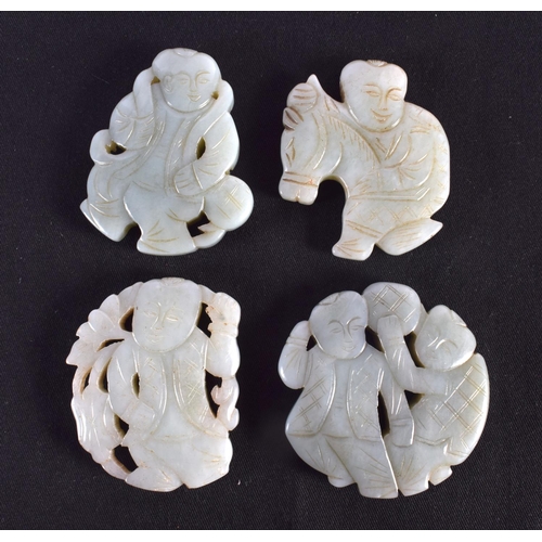 1508 - A SET OF FOUR 19TH/20TH CENTURY CHINESE CARVED JADE PLAQUES modelled as boys, including one on a hob... 