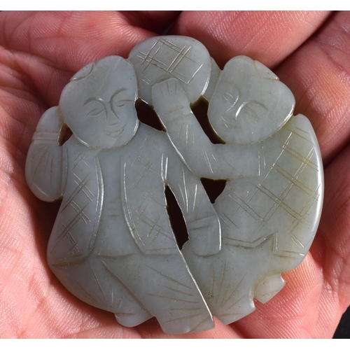 1508 - A SET OF FOUR 19TH/20TH CENTURY CHINESE CARVED JADE PLAQUES modelled as boys, including one on a hob... 