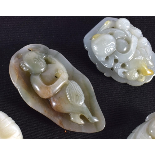 1509 - A SET OF FIVE 19TH/20TH CENTURY CHINESE CARVED JADE PLAQUES AND FIGURES modelled as boys and females... 