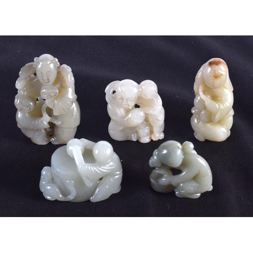 1510 - A SET OF FIVE 19TH/20TH CENTURY CHINESE CARVED JADE FIGURES modelled in various forms and sizes. Lar... 