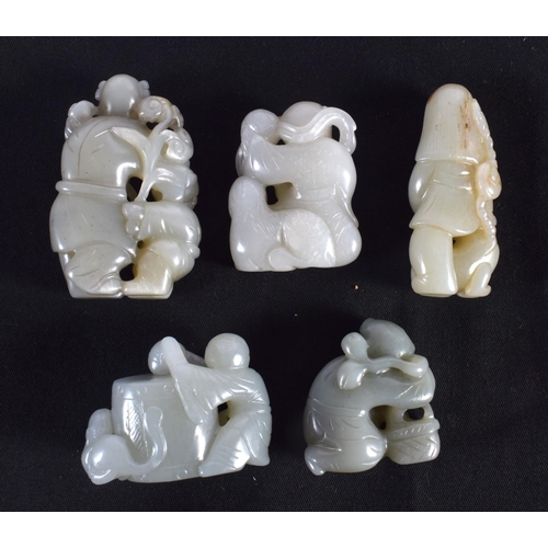 1510 - A SET OF FIVE 19TH/20TH CENTURY CHINESE CARVED JADE FIGURES modelled in various forms and sizes. Lar... 