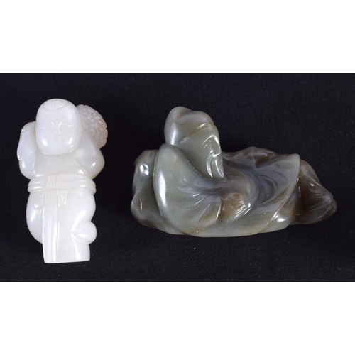 1511 - FOUR 19TH/20TH CENTURY CHINESE CARVED JADE FIGURES together with a jade beast seal. Largest 7 cm x 4... 