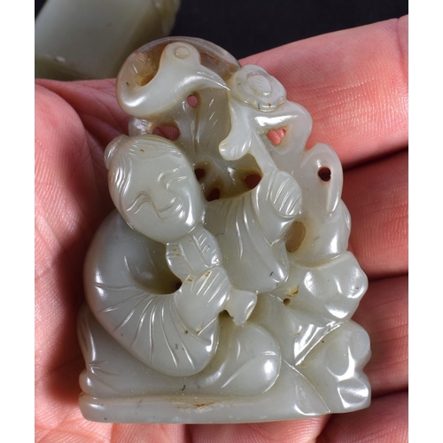 1511 - FOUR 19TH/20TH CENTURY CHINESE CARVED JADE FIGURES together with a jade beast seal. Largest 7 cm x 4... 