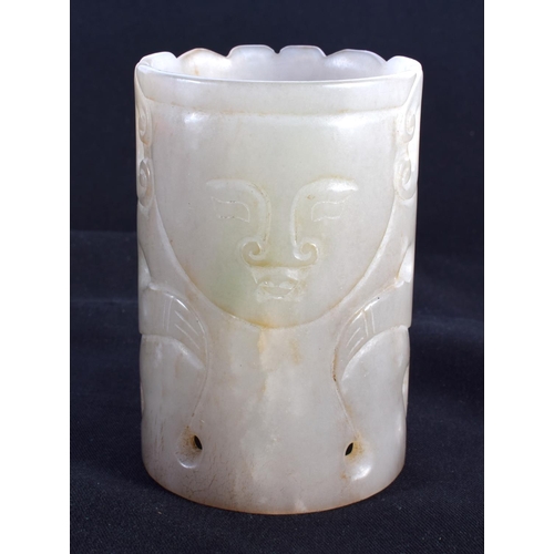 1521 - AN EARLY 20TH CENTURY CHINESE CARVED JADE CYLINDRICAL VESSEL Late Qing/Republic, carved with portrai... 