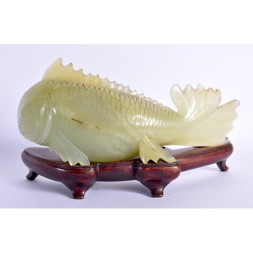 1524 - A LARGE 19TH CENTURY CHINESE CARVED GREEN JADE FIGURE OF A CARP Qing. 22 cm x 12 cm.