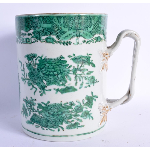 1542 - A RARE 18TH CENTURY CHINESE EXPORT PORCELAIN TANKARD Qianlong, unusually enamelled with green foliag... 