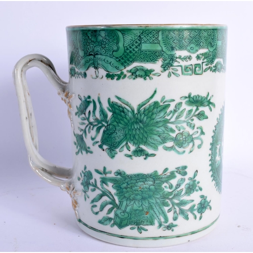 1542 - A RARE 18TH CENTURY CHINESE EXPORT PORCELAIN TANKARD Qianlong, unusually enamelled with green foliag... 