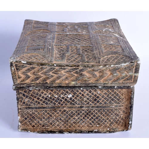 1544 - AN EARLY MIDDLE EASTERN CARVED STONE BOX AND COVER. 14 cm square.