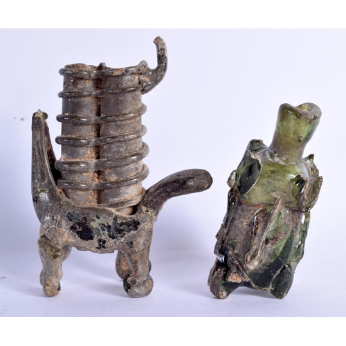 1550 - TWO 12TH/13TH CENTURY MIDDLE EASTERN GLASS PERFUME BOTTLES. 9 cm x 6 cm. (2)