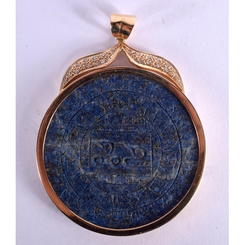 1552 - A RARE EARLY PUNJAB SCHOOL GOLD AND DIAMOND MOUNTED LAPIS LAZULI PENDANT bearing an inscription of G... 