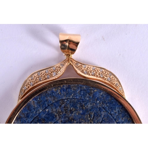 1552 - A RARE EARLY PUNJAB SCHOOL GOLD AND DIAMOND MOUNTED LAPIS LAZULI PENDANT bearing an inscription of G... 