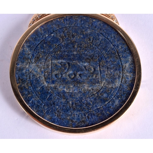 1552 - A RARE EARLY PUNJAB SCHOOL GOLD AND DIAMOND MOUNTED LAPIS LAZULI PENDANT bearing an inscription of G... 