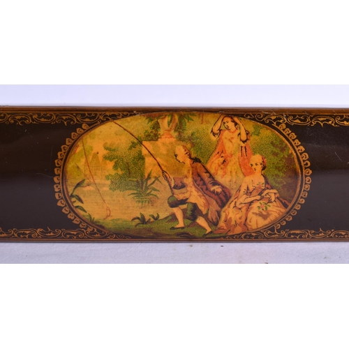 1559 - A 19TH CENTURY IRANIAN PERSIAN PAPIER MACHE KALAMDAN PEN BOX painted with European scenes. 20 cm lon... 